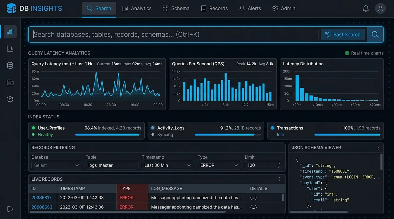 Enterprise Database Search & Indexing Engine Interface Mockup